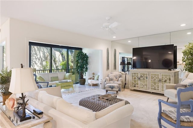 5151 A1A Hwy Unit 506, Indian River Shores, FL 32963 - living area featuring a ceiling fan, recessed lighting, and carpet