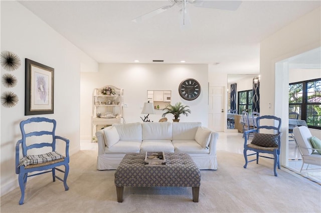 5151 A1A Hwy Unit 506, Indian River Shores, FL 32963 - living room featuring light carpet, ceiling fan, and recessed lighting
