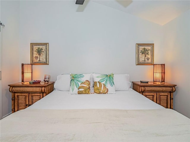 bedroom with ceiling fan and vaulted ceiling