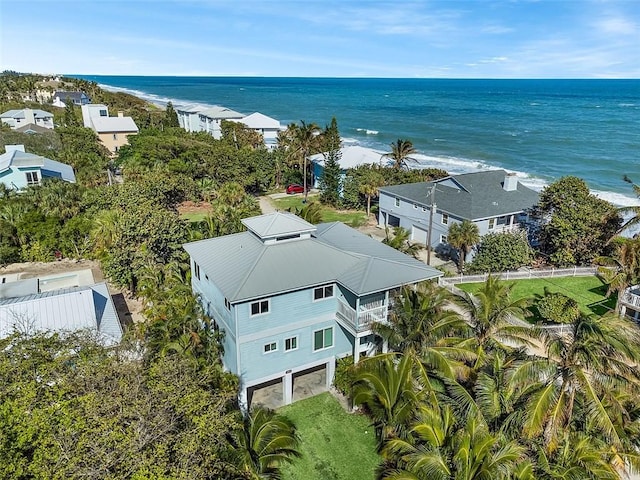 aerial view featuring a water view and a beach view