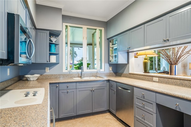 kitchen with crown molding, sink, a healthy amount of sunlight, and stainless steel appliances