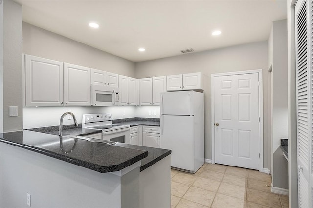 kitchen with sink, light tile patterned floors, kitchen peninsula, white appliances, and white cabinets