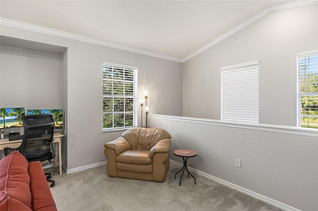 living area featuring crown molding, light colored carpet, and lofted ceiling