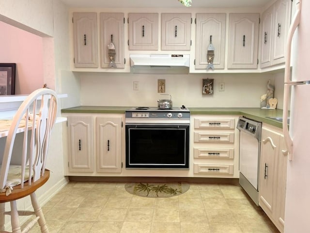 kitchen featuring under cabinet range hood, electric range, dishwasher, and freestanding refrigerator