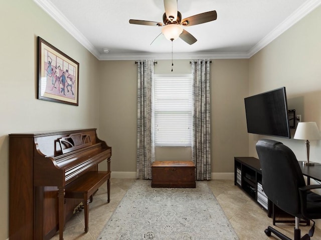 tiled home office with crown molding and ceiling fan