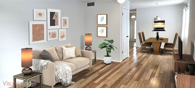 living area featuring wood-type flooring and a textured ceiling