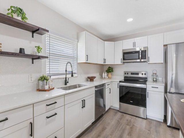 kitchen featuring white cabinetry, appliances with stainless steel finishes, sink, and light wood-type flooring