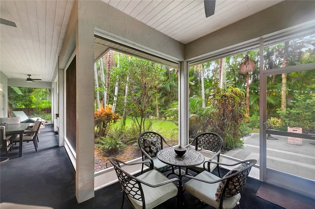 sunroom / solarium with wooden ceiling, ceiling fan, and a wealth of natural light