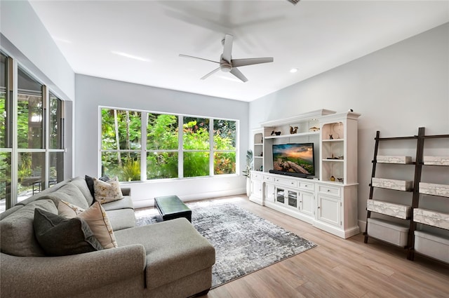 living room with a wealth of natural light, ceiling fan, and light wood-style flooring