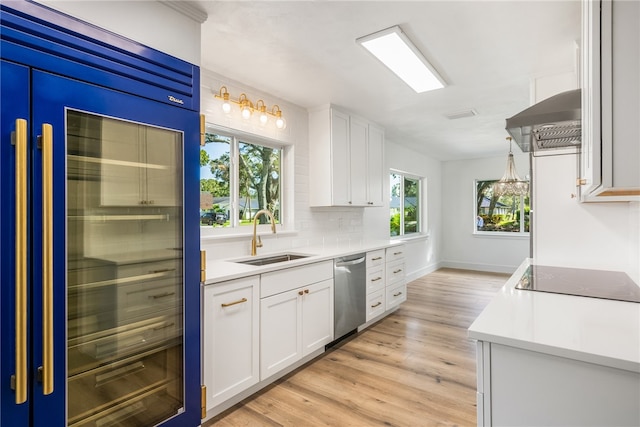 kitchen with white cabinetry, plenty of natural light, decorative light fixtures, stainless steel dishwasher, and ventilation hood