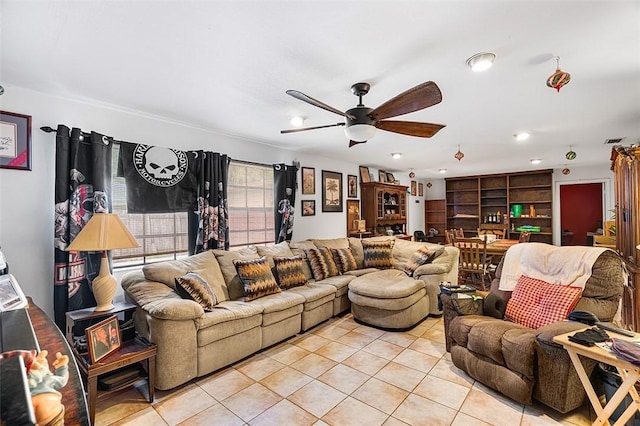 living room with recessed lighting, light tile patterned flooring, ceiling fan, and visible vents