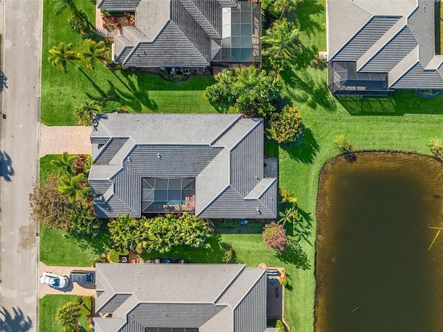 aerial view featuring a water view