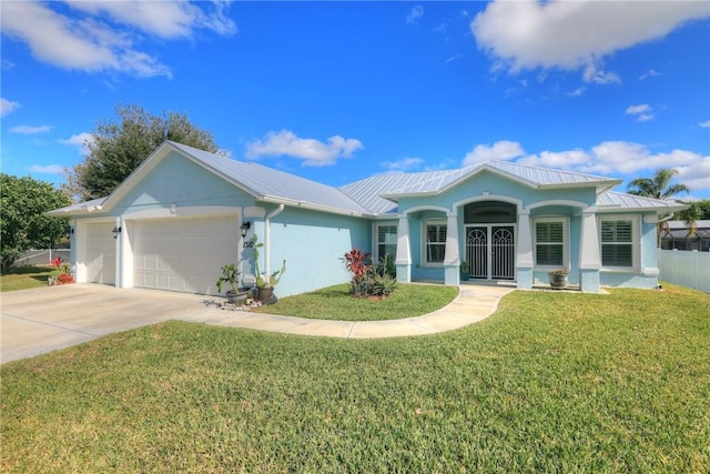 ranch-style house with a front yard, a porch, and a garage