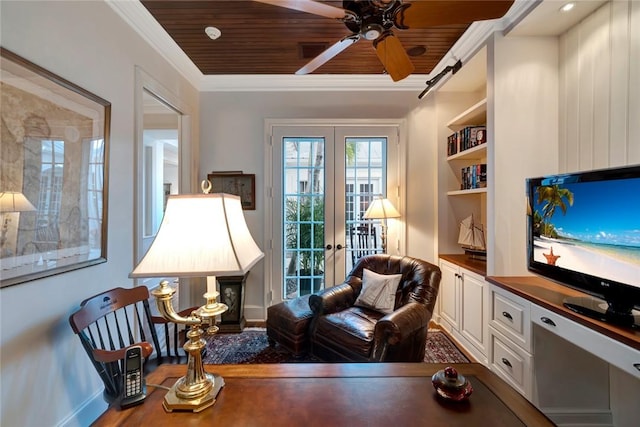 sitting room featuring ornamental molding, wood ceiling, and french doors