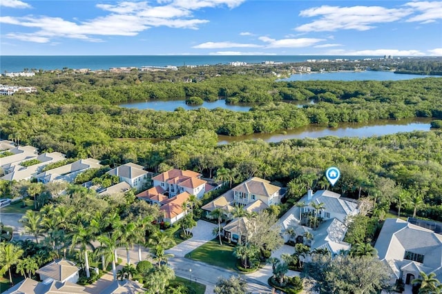 drone / aerial view with a water view