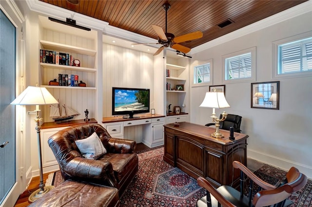 office area with ceiling fan, hardwood / wood-style flooring, crown molding, built in shelves, and wood ceiling