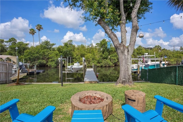 1933 Robalo Dr, Vero Beach, FL 32960 - view of green lawn with boat lift, a dock, and a water view