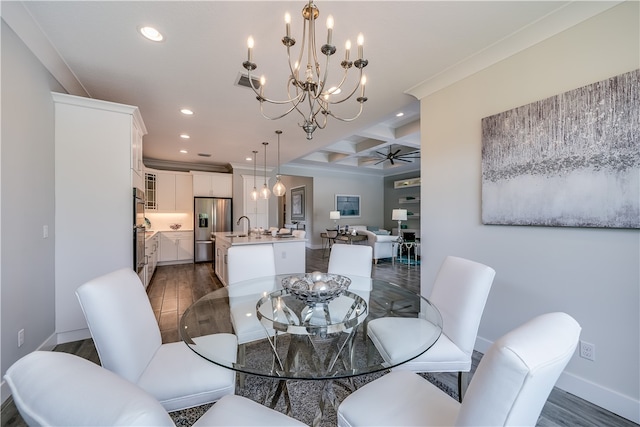 dining space with coffered ceiling, ceiling fan with notable chandelier, dark wood-type flooring, sink, and beam ceiling