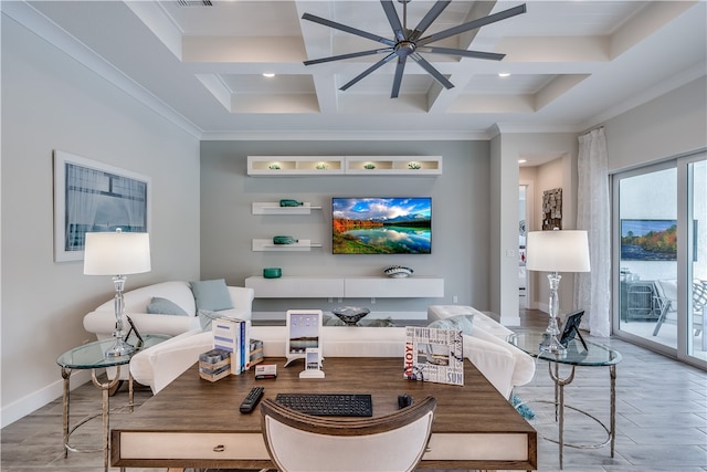 living room with beamed ceiling, crown molding, ceiling fan, and coffered ceiling