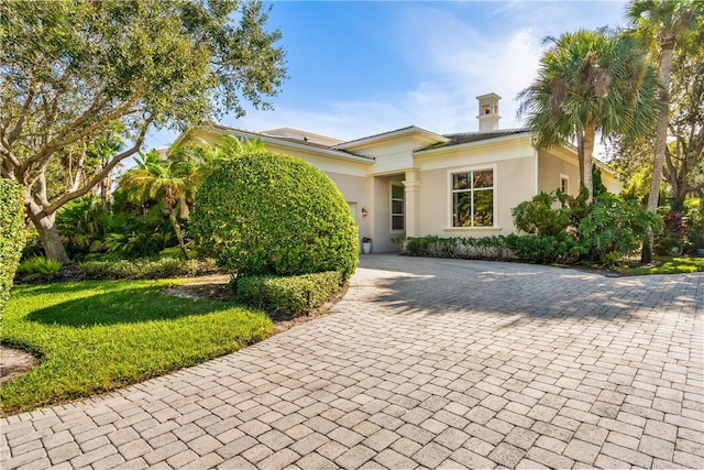 view of front of house featuring stucco siding and decorative driveway