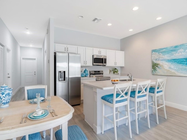 kitchen with white cabinets, light hardwood / wood-style floors, a center island with sink, and appliances with stainless steel finishes