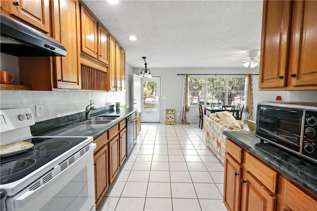 kitchen featuring electric range, dishwasher, a sink, ceiling fan with notable chandelier, and under cabinet range hood