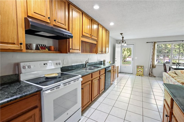 kitchen featuring dark countertops, white range with electric cooktop, black dishwasher, under cabinet range hood, and a sink