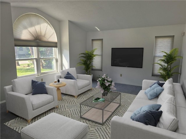 carpeted living room featuring lofted ceiling