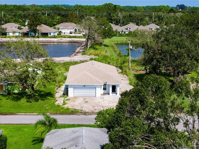 aerial view featuring a water view