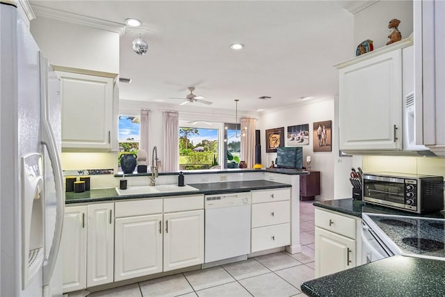 kitchen with kitchen peninsula, white cabinetry, sink, and white appliances