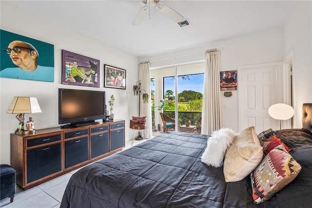 bedroom with access to outside, ceiling fan, and light tile patterned flooring