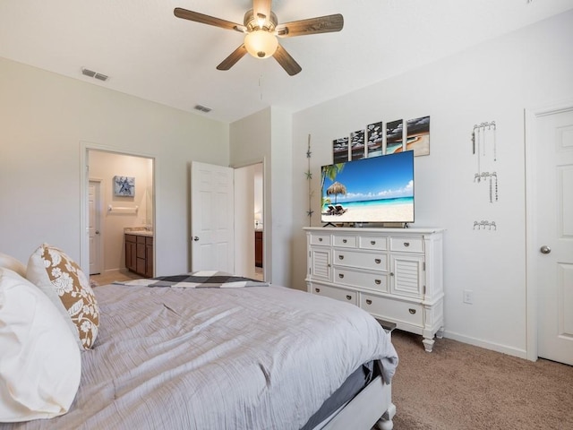 bedroom featuring light carpet, visible vents, a ceiling fan, and baseboards