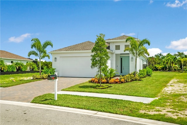 view of front of property with a garage and a front lawn