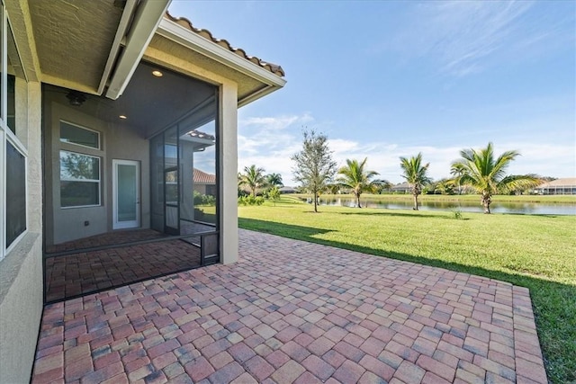 view of patio / terrace featuring a water view