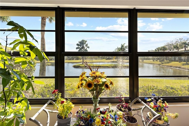 interior space with a water view