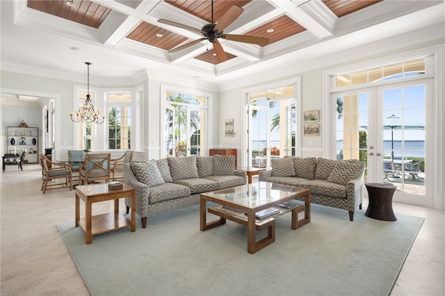 living area with crown molding, beamed ceiling, and coffered ceiling