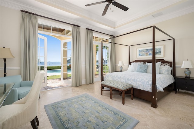 bedroom with access to exterior, multiple windows, crown molding, and visible vents