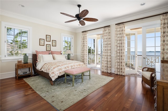 bedroom with ceiling fan, baseboards, ornamental molding, dark wood-style flooring, and access to outside