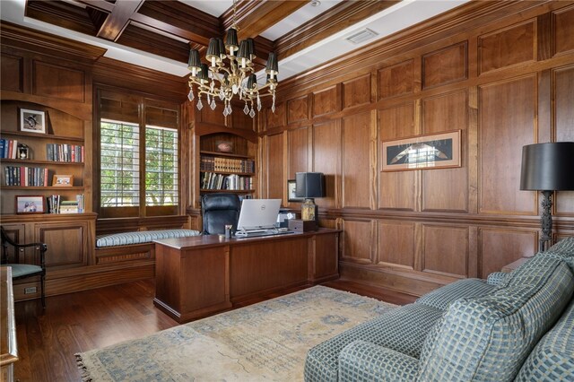 office space featuring wooden walls, an inviting chandelier, wood finished floors, and coffered ceiling