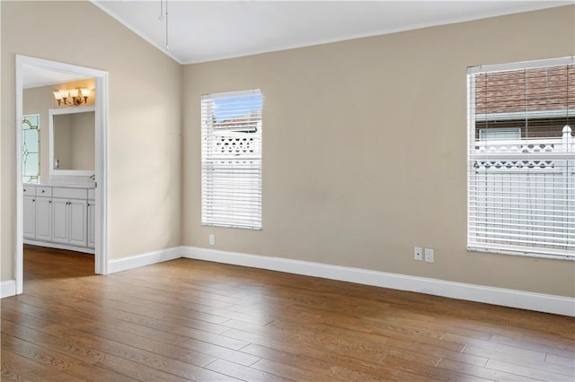 spare room featuring hardwood / wood-style flooring and lofted ceiling