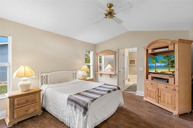 bedroom featuring lofted ceiling, dark wood finished floors, a textured ceiling, and ensuite bathroom