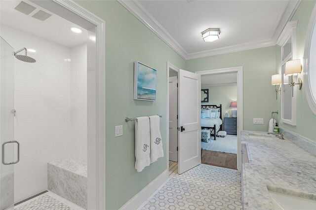 bathroom with an enclosed shower, vanity, hardwood / wood-style flooring, and crown molding