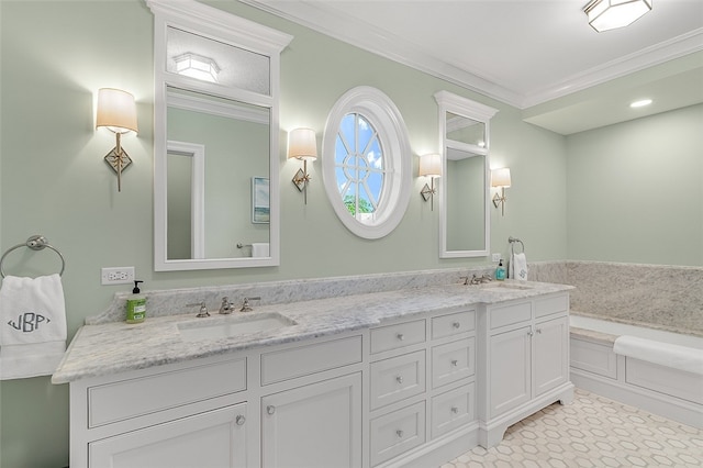 bathroom with vanity and crown molding