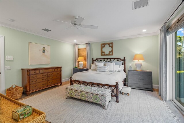 bedroom with ceiling fan, crown molding, and wood-type flooring