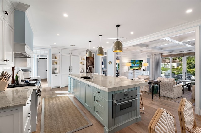 kitchen with stainless steel appliances, light hardwood / wood-style flooring, sink, a large island with sink, and premium range hood