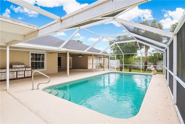 view of swimming pool with a fenced in pool, ceiling fan, grilling area, fence, and a patio area