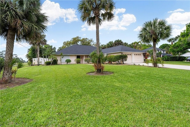 view of front of property featuring a garage, a front yard, and driveway