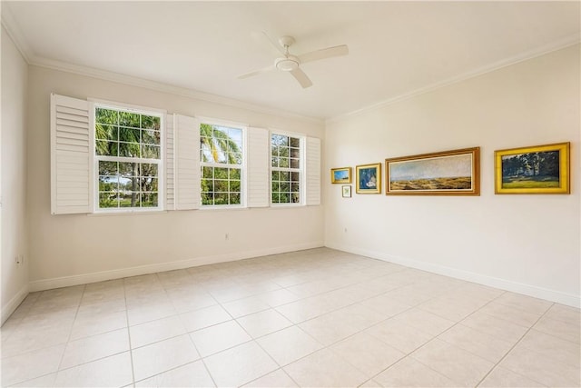 tiled spare room with crown molding and ceiling fan