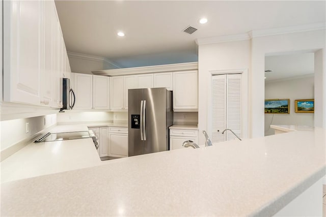 kitchen with white cabinetry, ornamental molding, kitchen peninsula, and appliances with stainless steel finishes