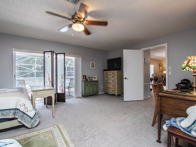 bedroom with light carpet, visible vents, ceiling fan, and access to exterior